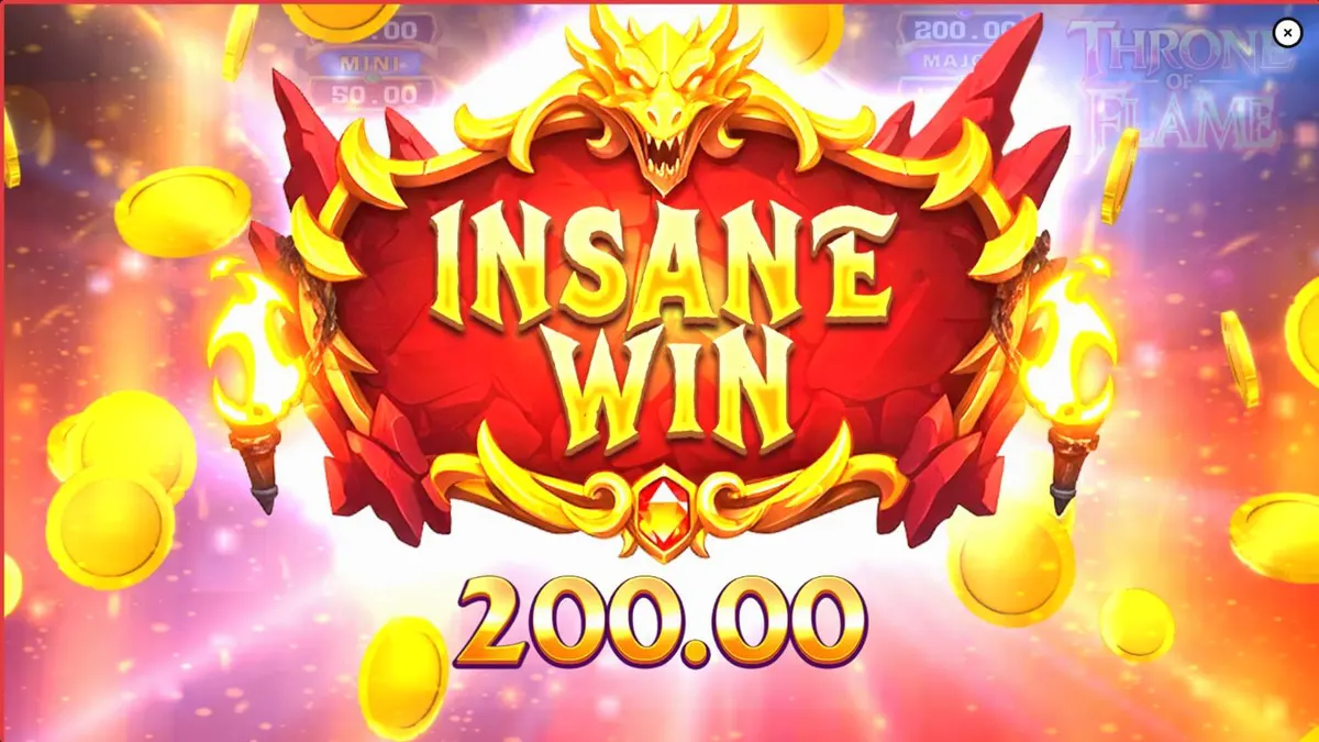 Cena épica do slot Throne of Flame com dragão e tesouros